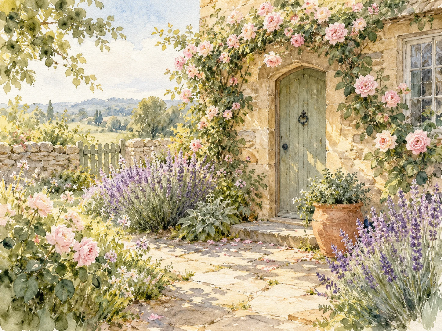 AI-generated botanical watercolor concept with garden flowers and a winding path