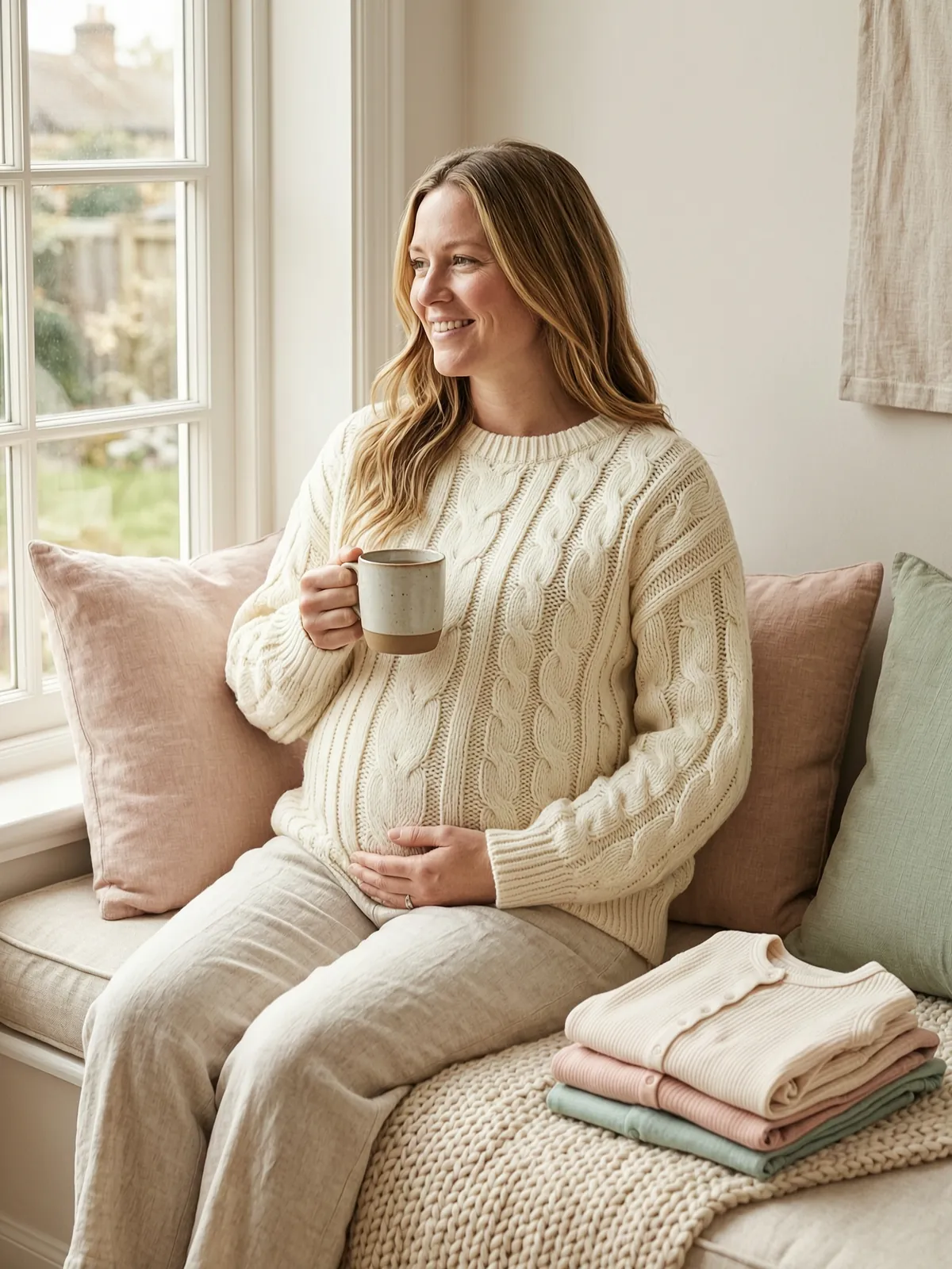 A smiling pregnant woman with long light-brown hair in a cream cable-knit sweater sits on a cushioned window seat with a mug of tea, a hand on her belly, baby clothes folded beside her