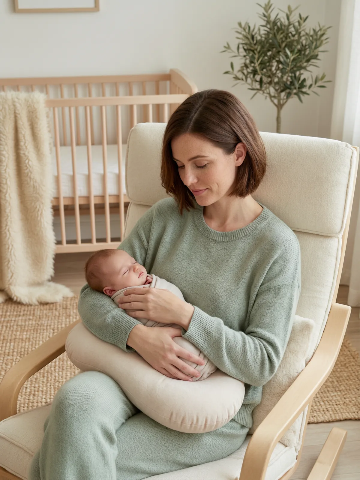 A mother with a brunette bob in a sage knit lounge set sits in a cream glider chair in a bright nursery, a nursing pillow on her lap, cradling her sleeping newborn