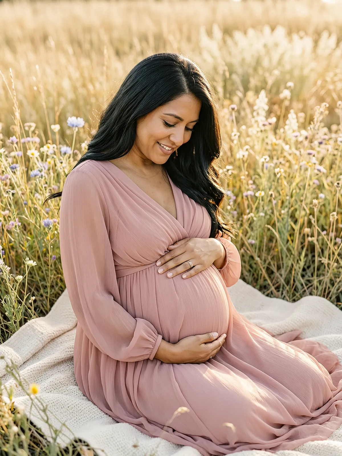A smiling pregnant woman with long dark hair in a flowing blush chiffon gown sits on a cream blanket in a golden wildflower meadow, hands cradling her belly