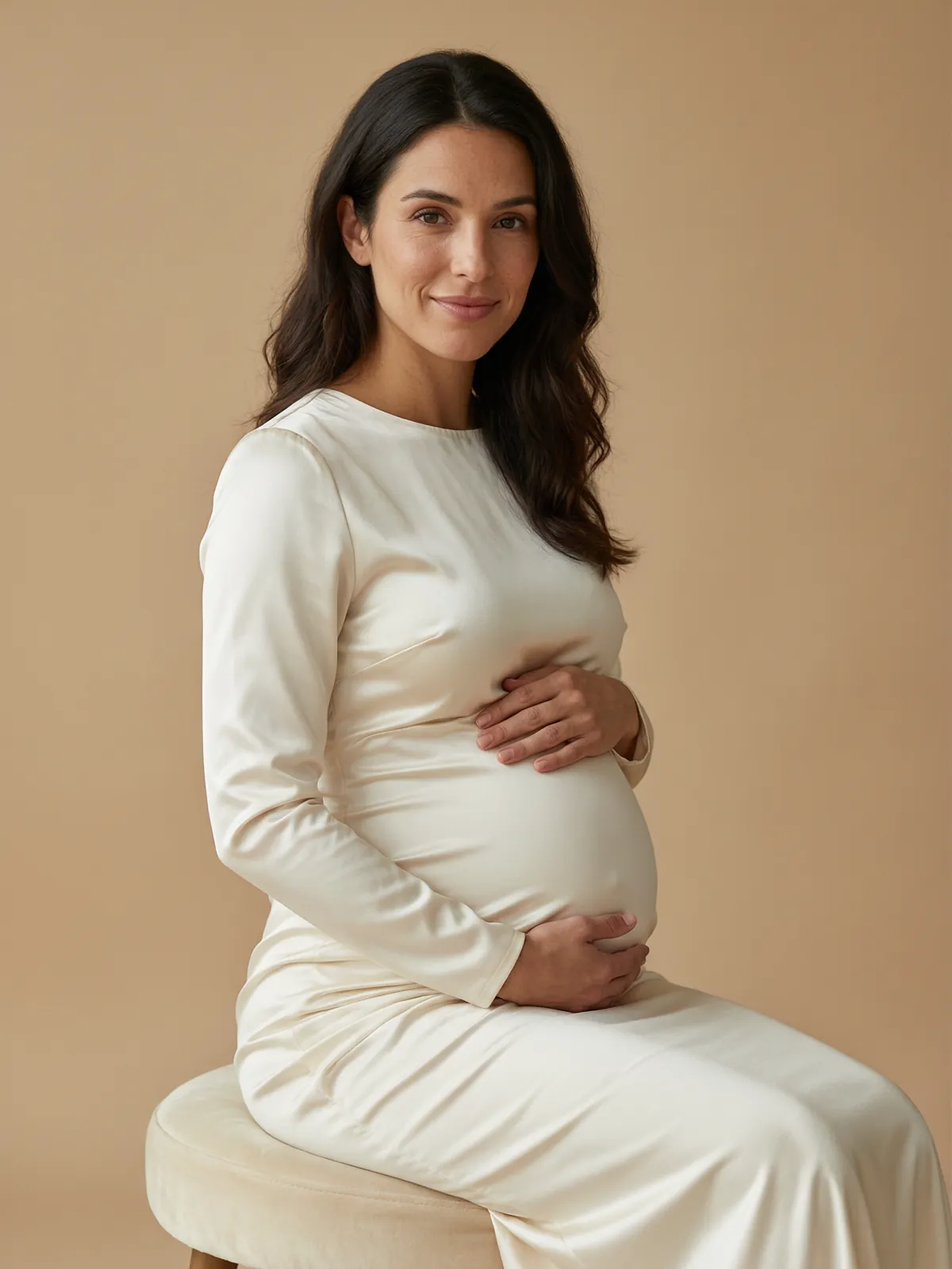 A pregnant woman with long dark hair in an ivory satin maternity gown sits on a velvet stool against a warm beige backdrop, hands framing her belly, smiling serenely