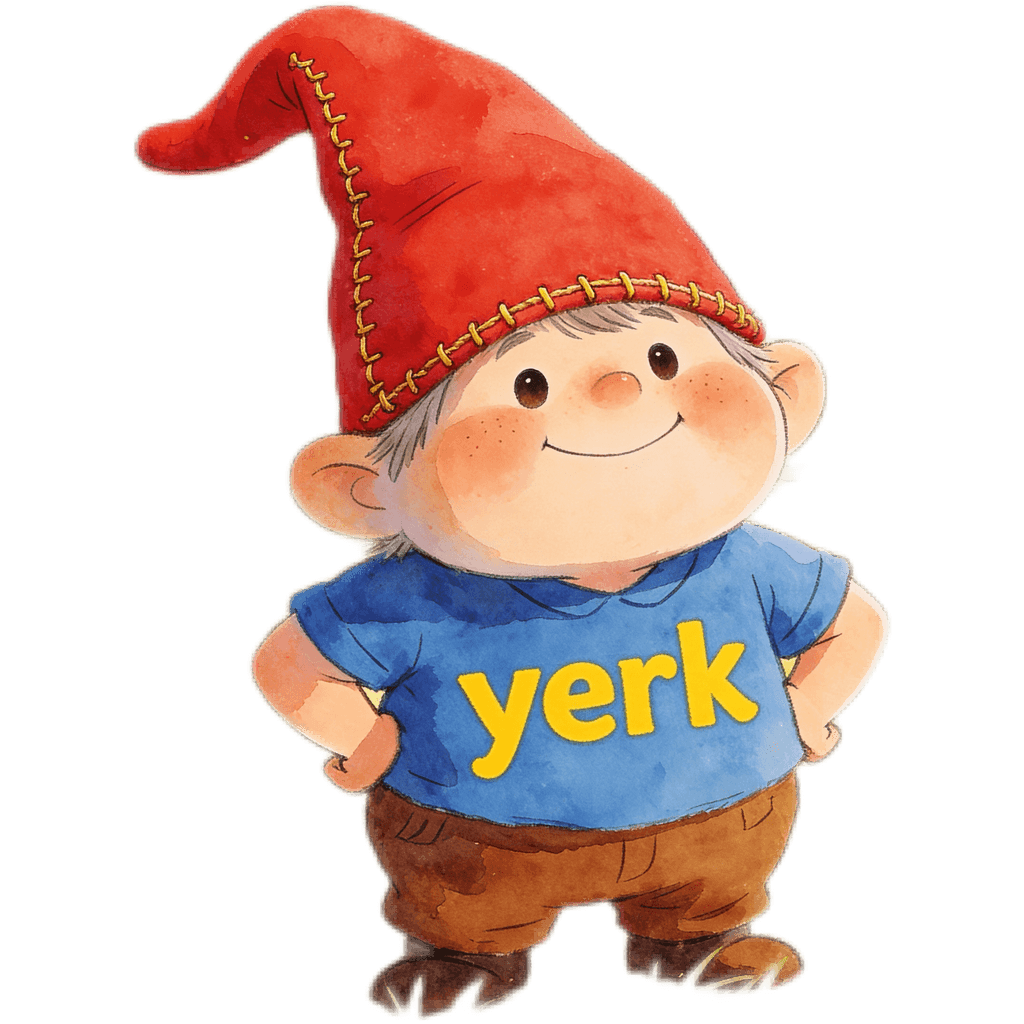 Yerk, the Yerk.app mascot, in a red hat and a blue yerk shirt