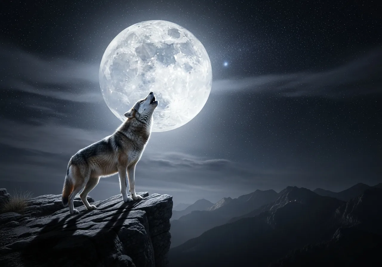 AI generated wolf howling at full moon on mountain cliff