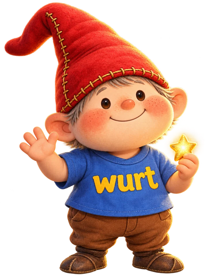 Yerk, a smiling gnome with a red hat, waves hello.